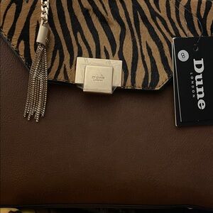 Dune London Brown Leather Shoulder Bag with Tiger-Print Flap and Gold Tassel